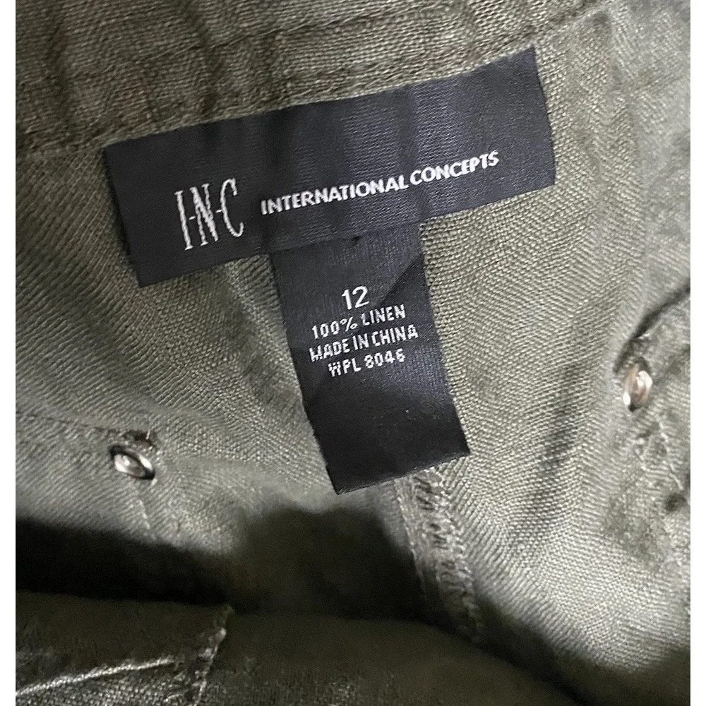INC International Concepts Women 12 Olive‎ Green 100% Linen Shorts Rhinestone